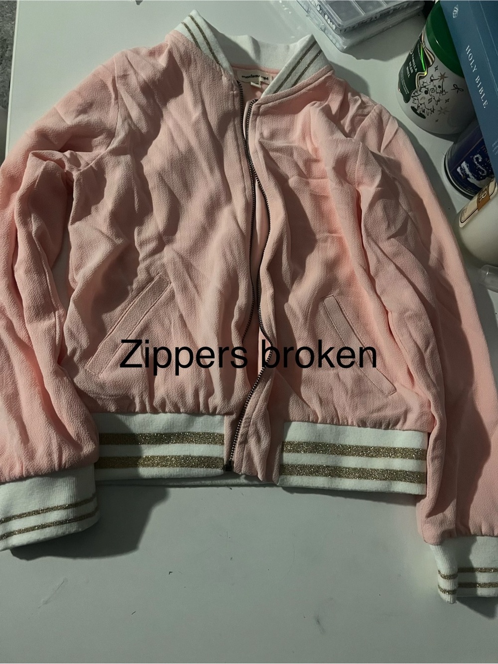Monteau Pink Bomber Jacket with White & Gold Trim
